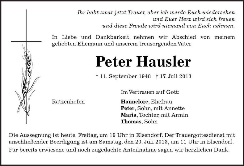 Traueranzeige Peter Hausler