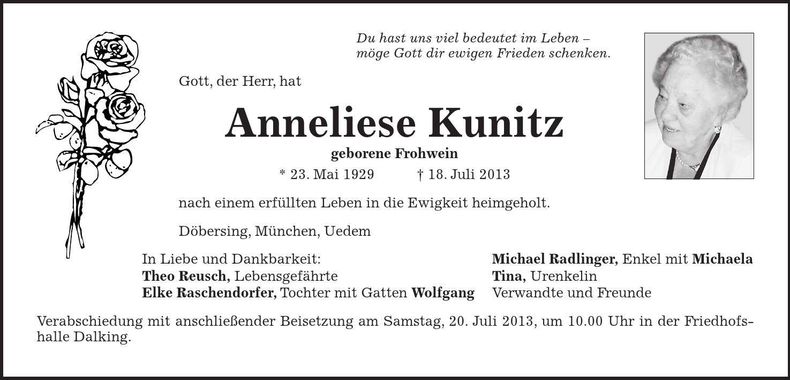Traueranzeige Anneliese Kunitz
