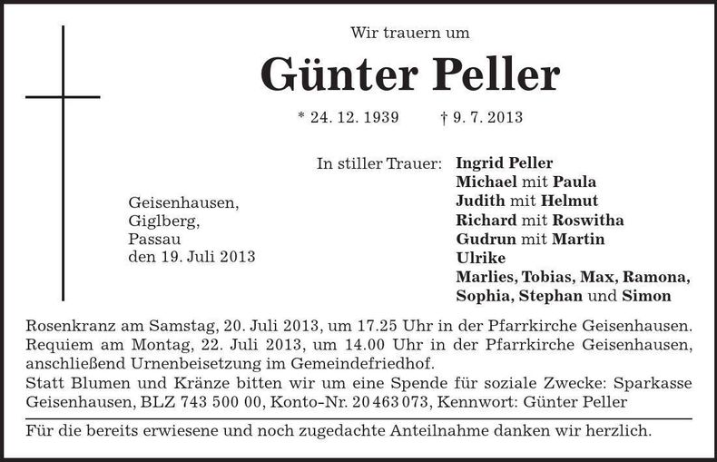 Traueranzeige Günter Peller