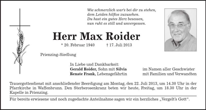 Traueranzeige Max Roider