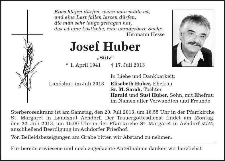 Traueranzeige Josef Huber