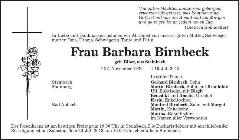 Traueranzeige Barbara Birnbeck