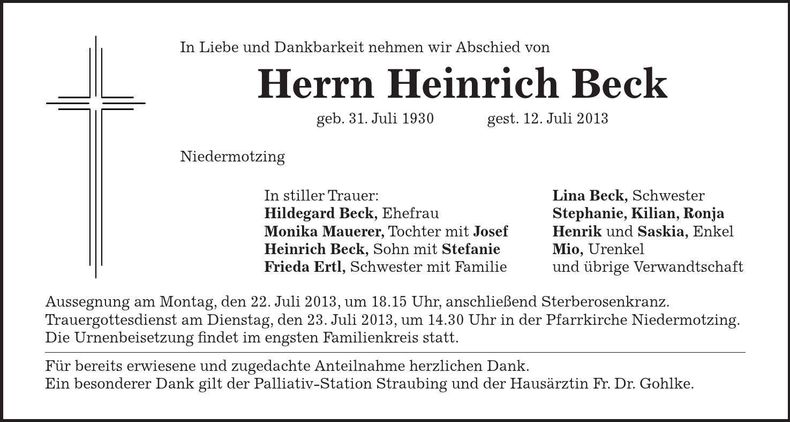 Traueranzeige Heinrich Beck