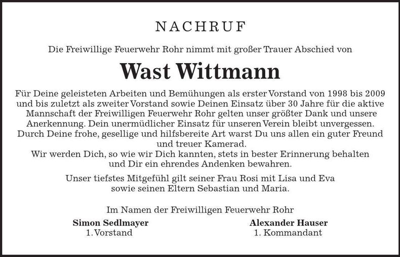 Traueranzeige Wast Wittmann