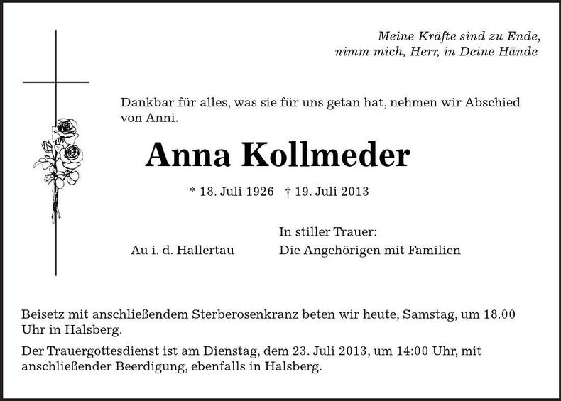 Traueranzeige Anna Kollmeder