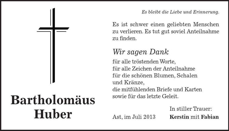 Traueranzeige Bartholomäus Huber