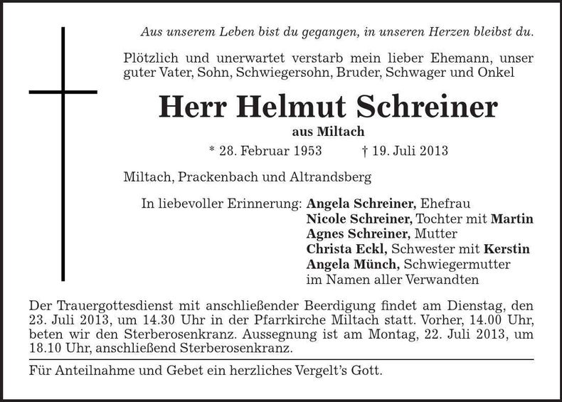 Traueranzeige Helmut Schreiner