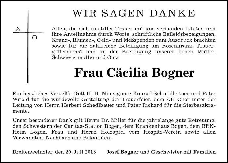 Traueranzeige Cäcilia Bogner