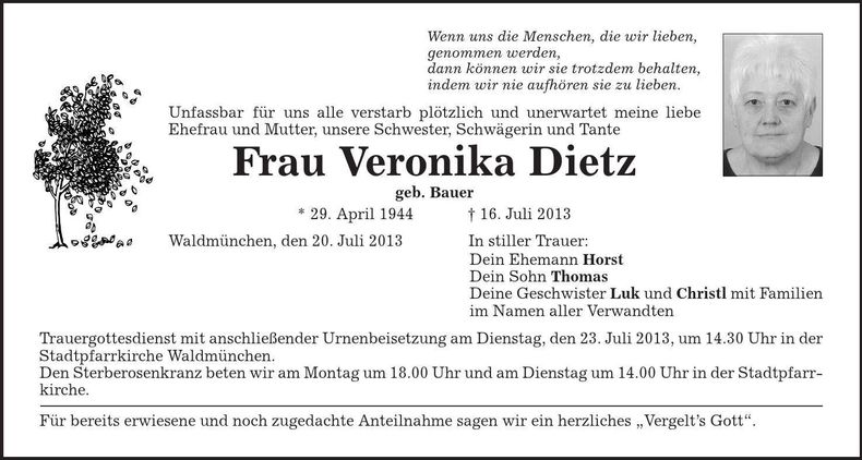 Traueranzeige Veronika Dietz