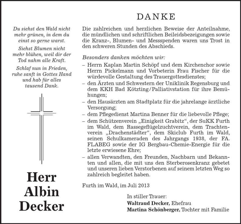 Traueranzeige Albin Decker