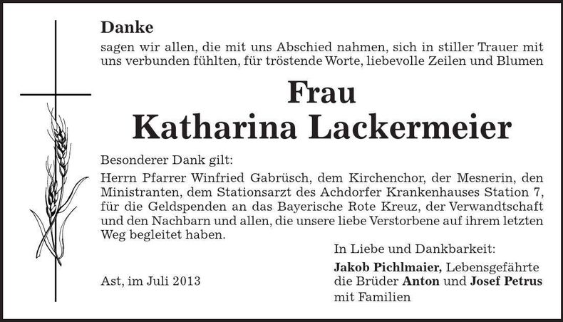 Traueranzeige Katharina Lackermeier