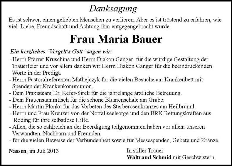 Traueranzeige Maria Bauer