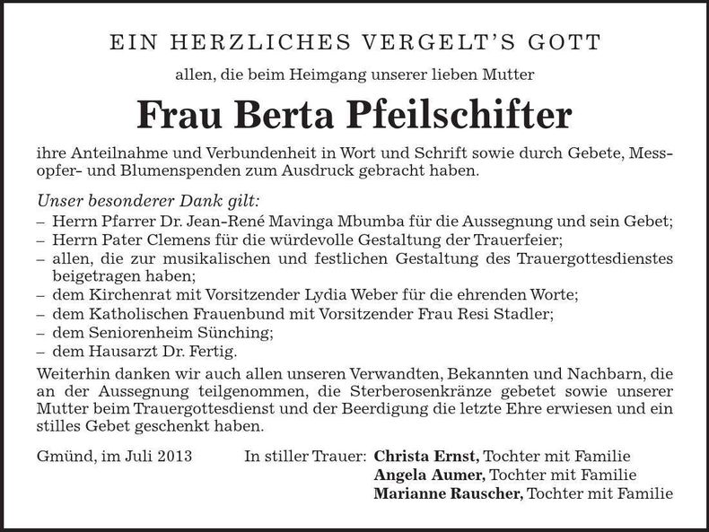 Traueranzeige Berta Pfeilschifter