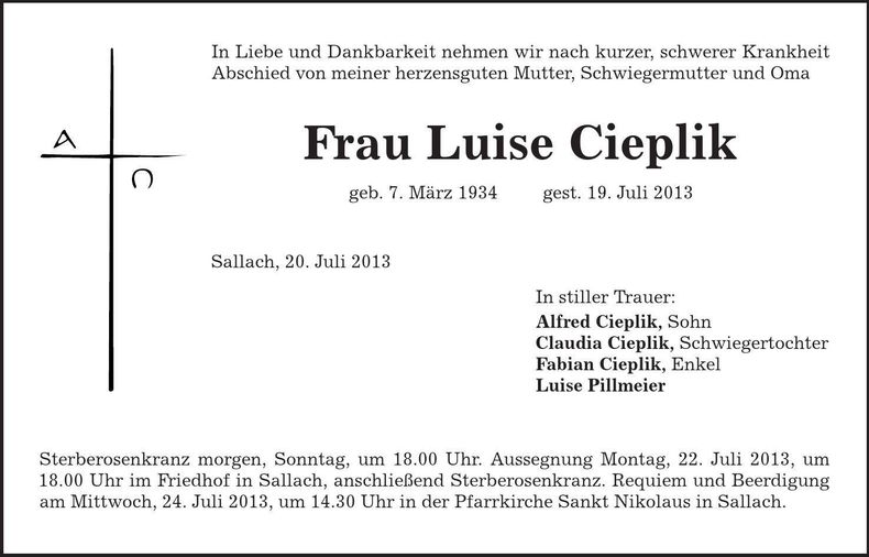 Traueranzeige Luise Cieplik
