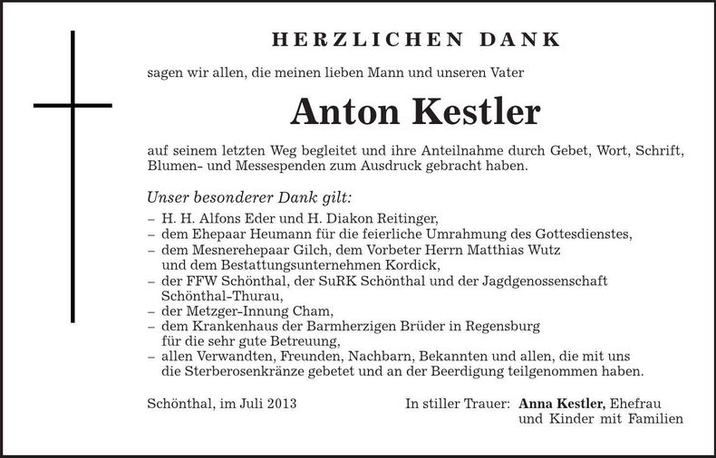 Traueranzeige Anton Kestler