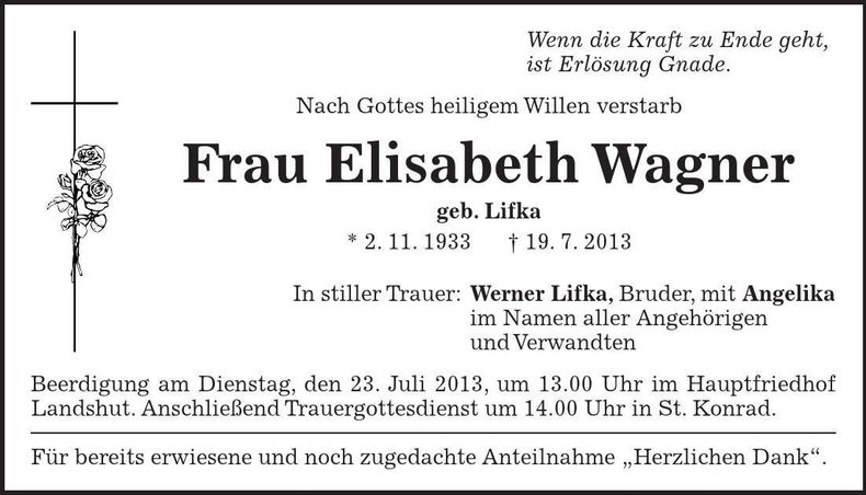 Traueranzeige Elisabeth Wagner
