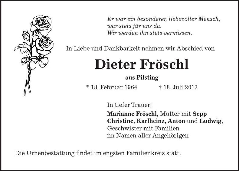 Traueranzeige Dieter Fröschl