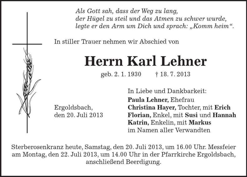 Traueranzeige Karl Lehner