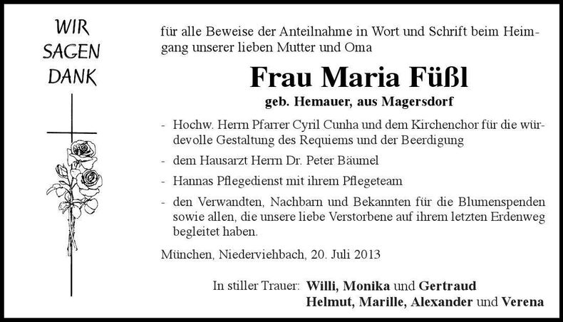 Traueranzeige Maria Füßl