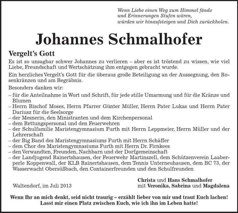 Traueranzeige Johannes Schmalhofer