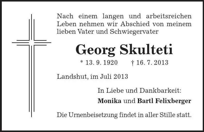 Traueranzeige Georg Skulteti