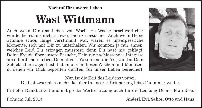 Traueranzeige Wittmann Sebastian