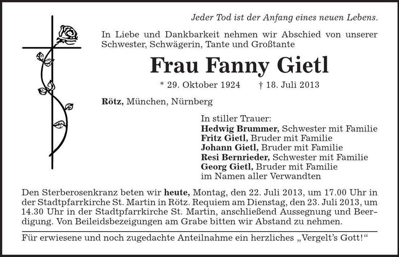 Traueranzeige Fanny Gietl
