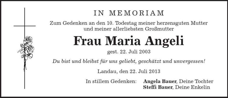 Traueranzeige Maria Angeli