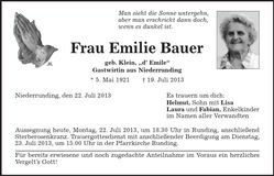 Traueranzeige Emilie Bauer