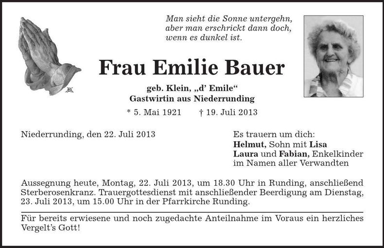 Traueranzeige Emilie Bauer