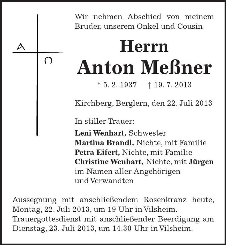 Traueranzeige Anton Meßner