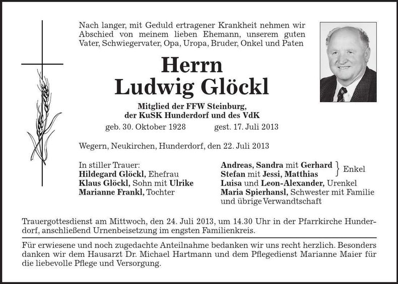 Traueranzeige Ludwig Glöckl