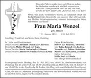 Traueranzeige Maria Wenzel
