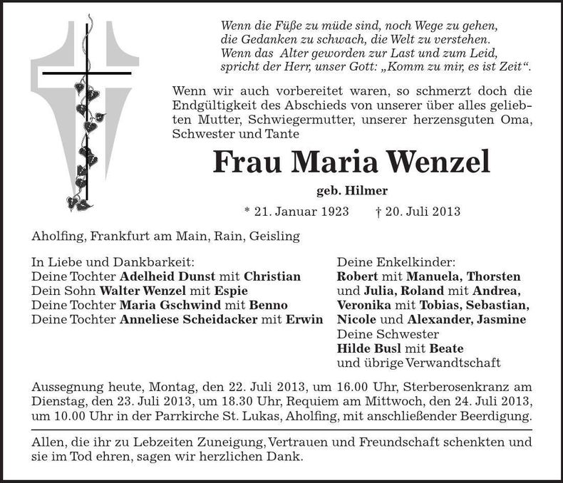 Traueranzeige Maria Wenzel