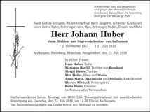 Traueranzeige Johann Huber