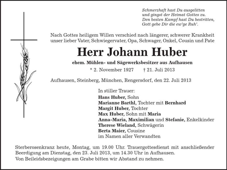 Traueranzeige Johann Huber