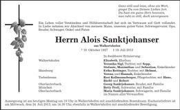 Traueranzeige Alois Sanktjohanser