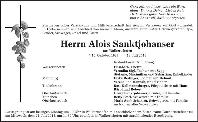Traueranzeige Alois Sanktjohanser