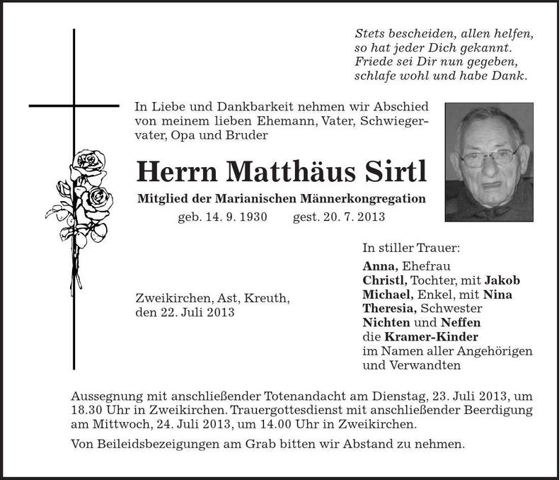 Traueranzeige Matthäus Sirtl