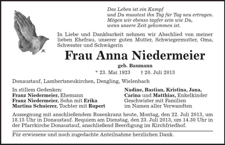 Traueranzeige Anna Niedermeier