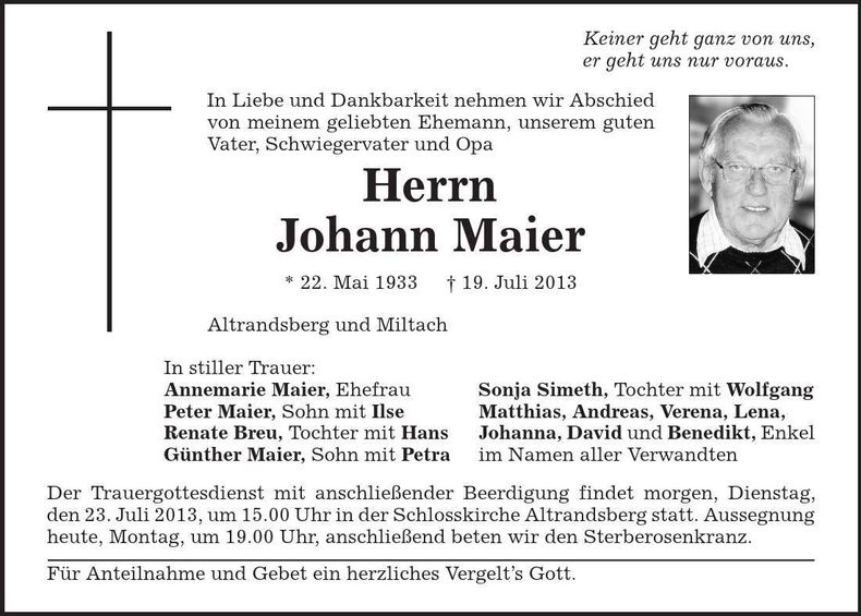 Traueranzeige Johann Maier