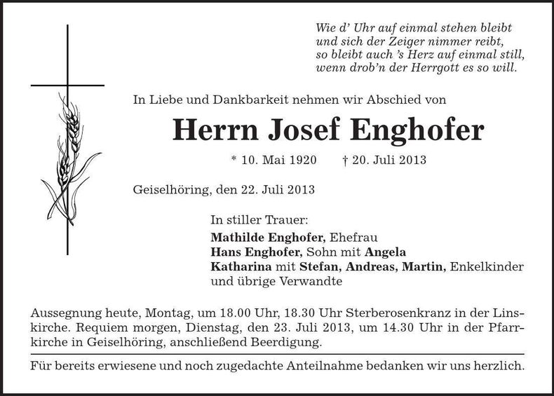 Traueranzeige Josef Enghofer