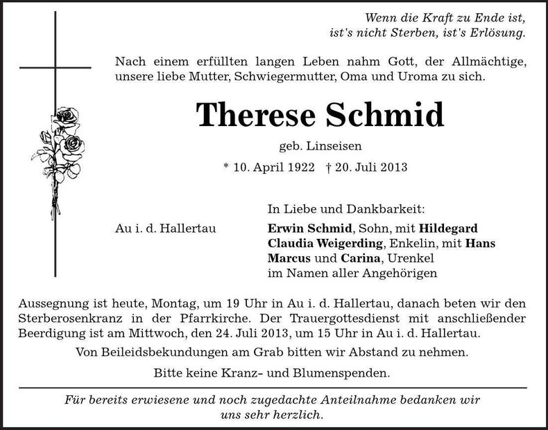 Traueranzeige Therese Schmid