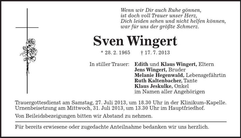 Traueranzeige Sven Wingert