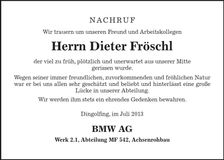 Traueranzeige Dieter Fröschl