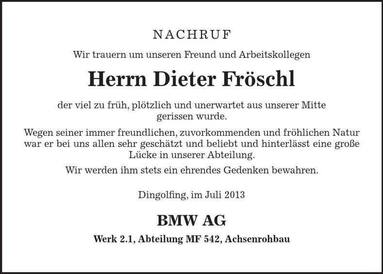 Traueranzeige Dieter Fröschl