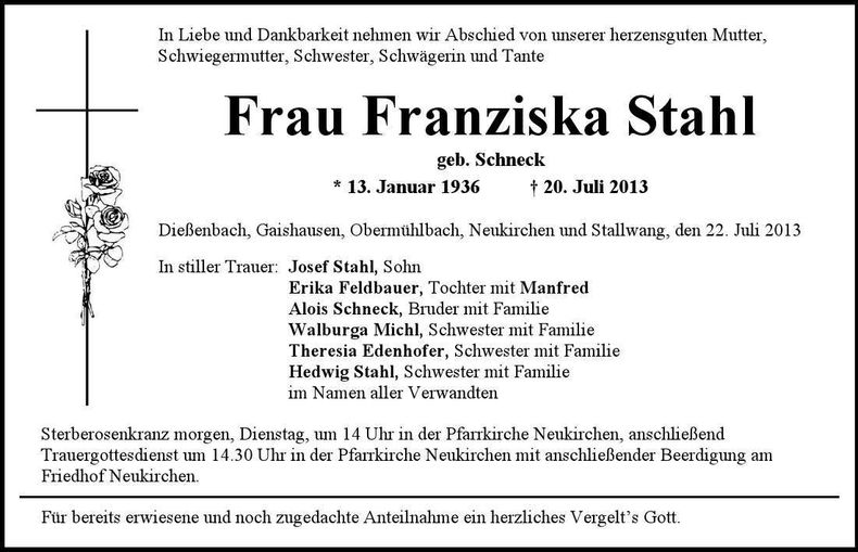 Traueranzeige Franziska Stahl