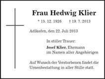 Traueranzeige Hedwig Klier