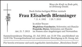 Traueranzeige Elisabeth Blenninger