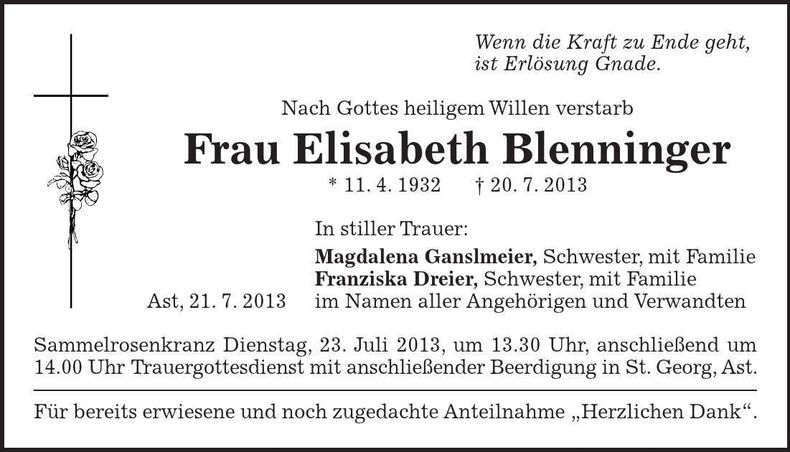 Traueranzeige Elisabeth Blenninger